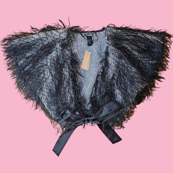 Steve Madden NWT Faux-Feather Black Metallic Shrug - Picture 4 of 9